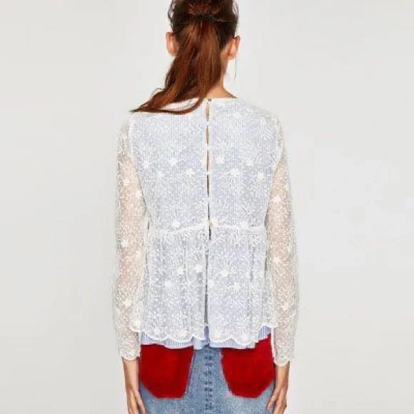 Zara blue striped peplum top with white lace overlay NWT - Picture 3 of 4